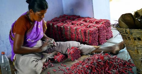 A woman employee making crackers at a factory in Sivakasi
