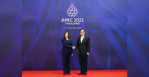 Thailand's Prime Minister Prayuth Chan-ocha welcomes U.S. Vice President Kamala Harris to the APEC Summit 2022 in Bangkok