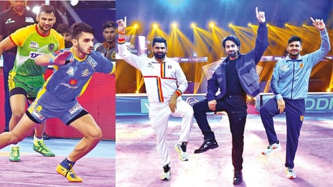 (L) Narender, with 16 points, finished as the top scorer for Tamil Thalaivas yet again, (R) Bollywood star Ayushmann Khurrana with UP Yoddhas captain Pardeep Narwal and Dabang Delhi skipper Naveen Kumar in Pune