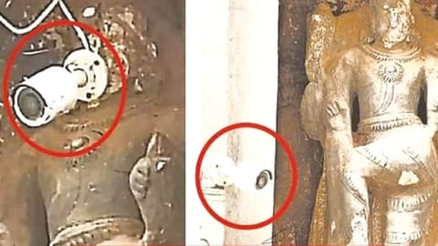 A CCTV camera affixed on the face of Dwarapalaka idol at Arulmigu Arunachaleswarar Temple and the damage after removal in Tiruvannamalai