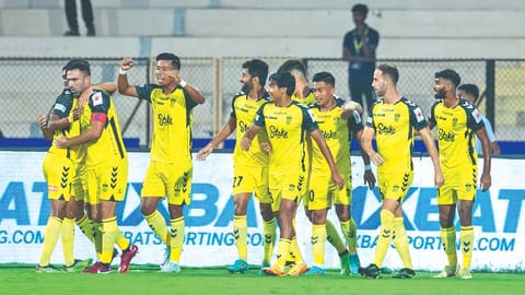 Hyderabad FC players celebrate after Mohammad Yasir?s
winning goal against Odisha FC