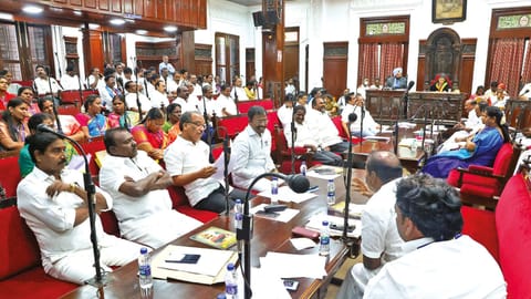 The council meeting of Chennai Corporation under way on Tuesday