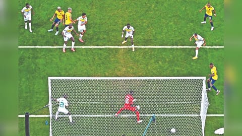 enegal?s Kalidou Koulibaly scores his team?s second goal against Ecuador