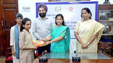 Chennai Mayor R Priya distributes sanitary napkins to girls studying from 8th to 12th standard in the city schools.