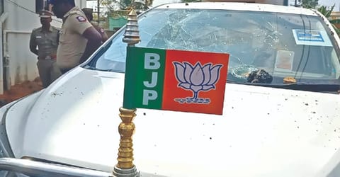 The damaged car of BJP state vice president Sasikala Pushpa in Thoothukudi on Thursday