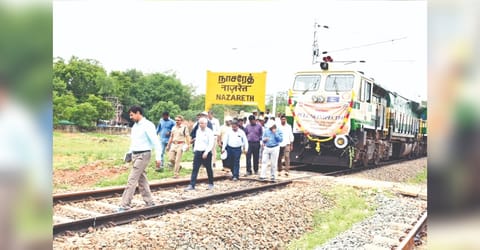 Southern Railway principal chief electrical engineer AK Siddhartha inspecting the newly electrified Tirunelveli -Tiruchendur section with other officials at Nazareth on Monday
