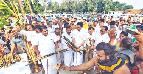 Collector Amar Kuswaha, MLAs K Devaraji, A Nallathambi and D Mathizhagan at Tirupattur sugar mill on Monday