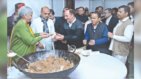 Finance Minister Nirmala Sitharaman and two junior ministers Bhagwat Karad and Pankaj Chaudhary along with senior
officials of the finance ministry.