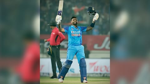 Suryakumar Yadav celebrates after scoring a ton against Sri Lanka in third T20I in Rajkot