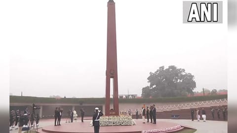 Prime Minister Narendra Modi leads the nation in paying homage to the fallen soldiers at the National War Memorial in Delhi on Thursday