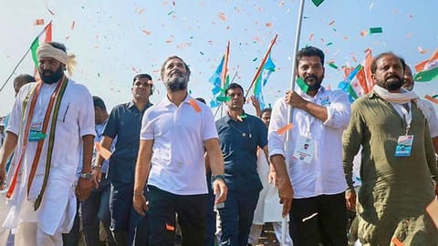 Congress leader Rahul Gandhi with party leader Revanth Reddy during the party's 'Bharat Jodo Yatra'