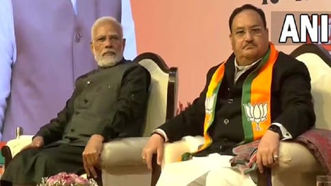Prime Minister Narendra Modi, BJP chief JP Nadda at NDMC Convention Centre in Delhi.