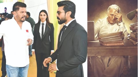 (L) Director Shankar and Ram Charan (R) Kamal in Indian 2