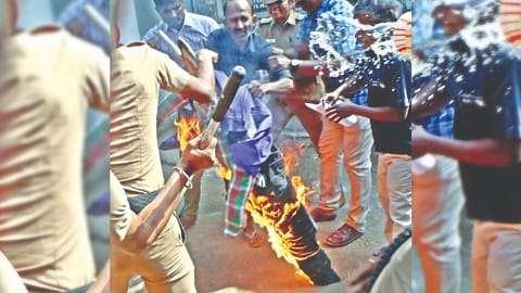 Members of Thanthai Periyar Dravidar Kazhagam (TPDK) staged a demonstration in Coimbatore against Governor RN Ravi on Tuesday.