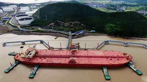 A VLCC oil tanker is seen at a crude oil terminal in Ningbo Zhoushan port, Zhejiang province