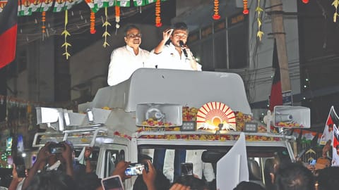 DMK youth wing secretary and Minister Udhayanidhi Stalin campaigning for Congress candidate EVKS Elangovan in Erode on Monday