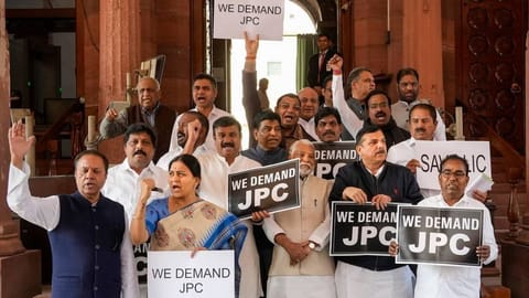 MPs of AAP and BRS stage a protest demanding joint parliamentary committee (JPC) probe into Adani row during Budget Session of Parliament, in New Delhi.