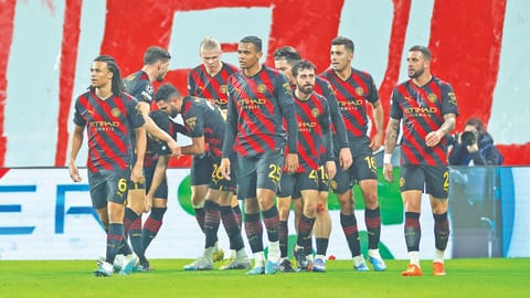 Manchester City celebrate scoring against RB Leipzig