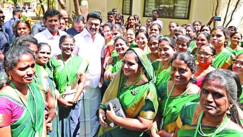 Chief Minister MK Stalin interacting with staff of Vidyodaya Schools in Chennai on Thursday