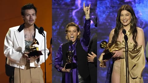 (L to R) Harry Styles, Brandi Carlile and Rhian Teasdale of Wet Leg  accept their award at the 65th annual Grammy Awards.