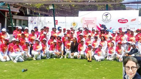 The ladies pose before tee off; (INSET) Bhama Devi Ravi
