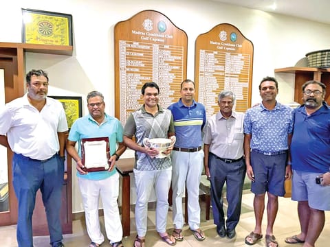 Prize winners along with P Krishnan, honorary sub-secretary golf, and V Srinivasan, sub-committee member (tournaments)
