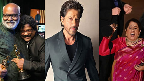 (Left to Right) MM Keeravani and Chandrabose; Shah Rukh Khan; Guneet Monga