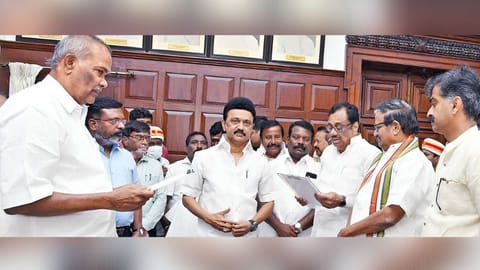 Newly elected Erode East MLA EVKS Elangovan taking oath at Speaker?s chamber in the presence of Chief Minister MK Stalin at the Secretariat on Friday.