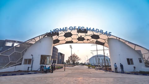 The entrance of the ?Home of FC Madras?; (inset) one of the three pitches at the academy