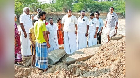 MLAs along with revenue officials inspecting the site where stones were found while digging.