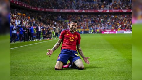 Spain?s Joselu celebrates scoring his side?s 3rd goal during the Euro 2024 group A qualifying soccer match between Spain and Norway