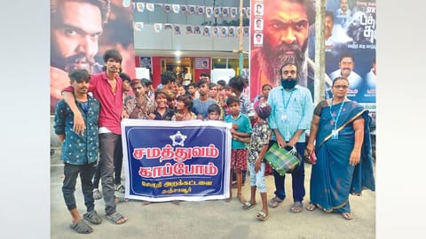 Narikurava community 
members outside the theatre