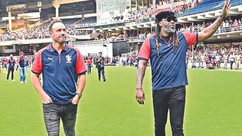 AB de Villiers and Chris Gayle at the RCB Unbox 2.0 event at 
the M Chinnaswamy Stadium on Sunday
