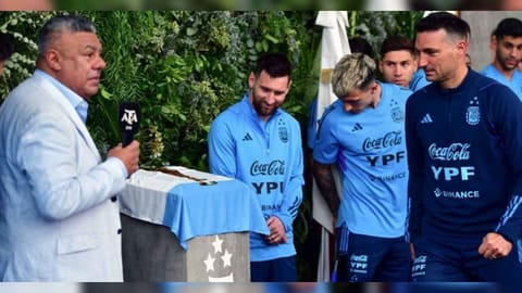 Argentine Football Association president Claudio Tapia speaks as Lionel Messi, Lisandro Martinez and Lionel Scaloni listen during the function in Ezeiza, Buenos Aires Province, on Saturday