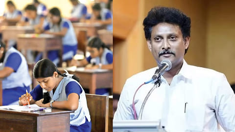 School Education Minister Anbil Mahesh Poyyamozhi (R)