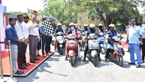 Director of CMRL Rajesh Chaturvedi flags off the launch of the first-ever women-driven Rapido bike taxi service at Nandanam Metro Station.