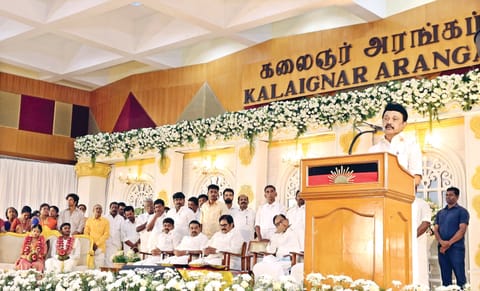 Chief Minister MK Stalin addressing party cadre at a marriage function in Chennai on Sunday