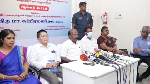 Health Minister Ma Subramanian at the review meeting to discuss the implementation of the new announcements made by the minister in the State Assembly.