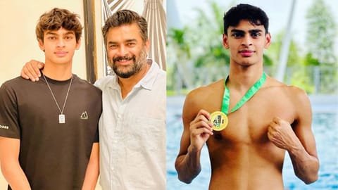 R Madhavan with his son Vedaant; Vedaant with gold medal