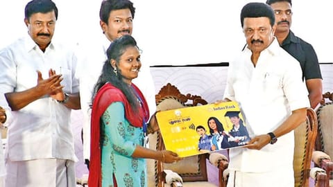 CM Stalin handing over welfare aid at a function to mark 2nd anniversary of his govt in Chennai on Saturday.