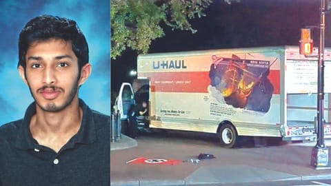 Kandula (left); The rented truck that the teen drove to ram the barrier
