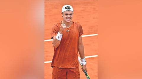 Holger Rune celebrates beating Casper Ruud.