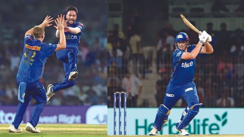 Akash became only the second
bowler to finish with figures of
5/5 in the IPL (left); Cameron Green provided impetus to the MI innings