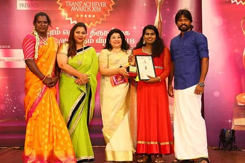 Jeeva Subramanian (second from right) being honoured with the transgender actress award in Chennai