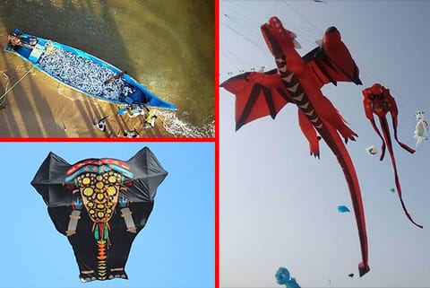 Kite in the shape of an elephant; Aerial photograph in Nicolas Chorier?s book; Kite-flying festival