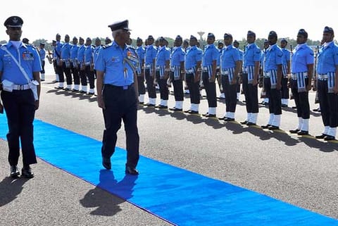 Air Marshal SRK Nair reviews the Guard of Honour in Tambaram Air Force Station