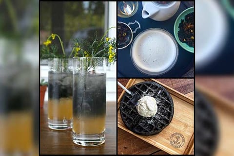 (L) Charcoal lemonade; (R) [Top] Charcoal chai; [Down] Charcoal waffles