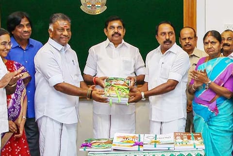 File photo of Chief Minister Edappadi K Palaniswami and Deputy CM releasing new textbooks