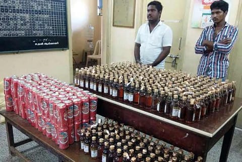 The liquor bottles seized by  authorities during a recent drive in Kumbakonam