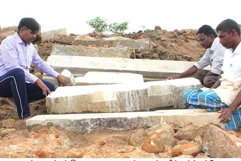 V Rajaguru, president, Ramanathapuram Archaeological Research Foundation, seeing the inscription